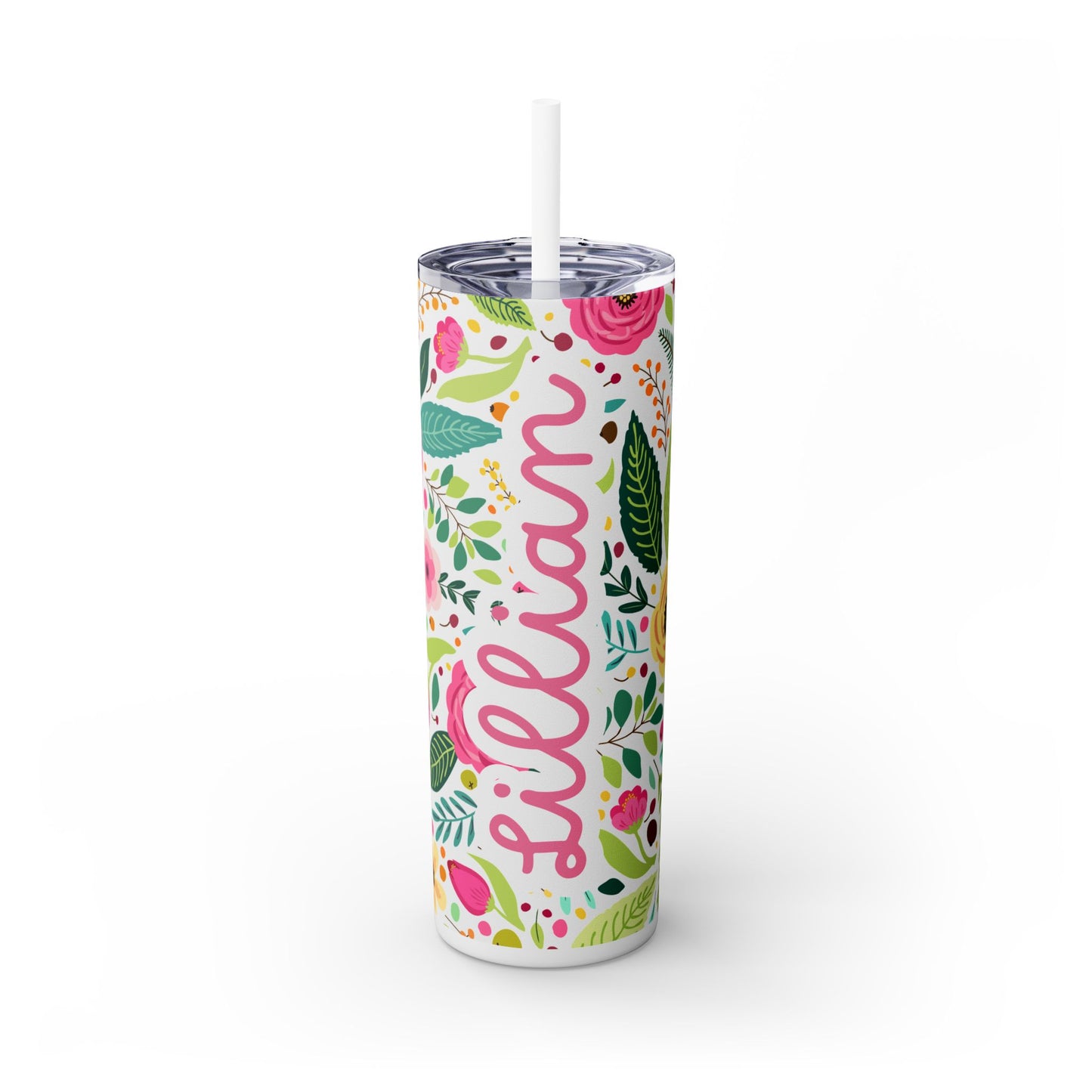 Personalized Floral Skinny Tumbler with Straw, 20oz, Custom Name Tumbler