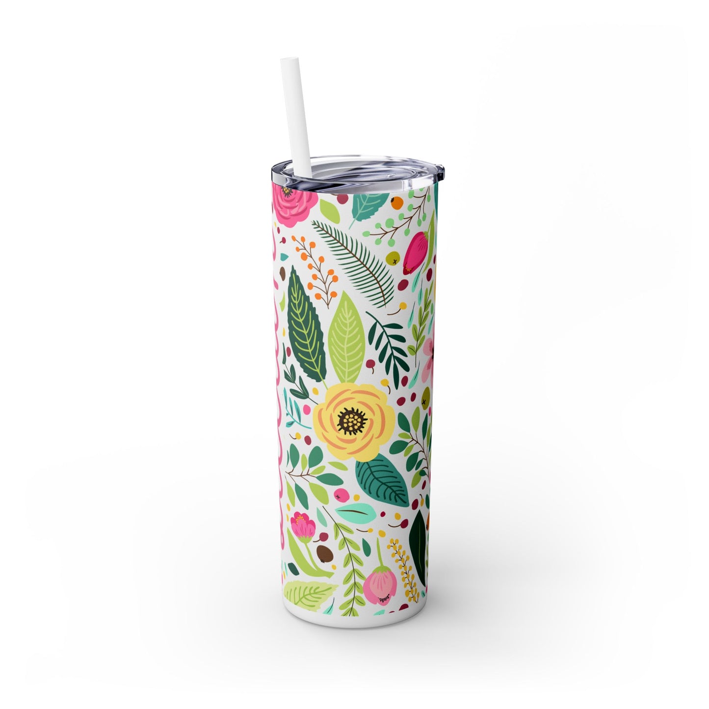 Personalized Floral Skinny Tumbler with Straw, 20oz, Custom Name Tumbler