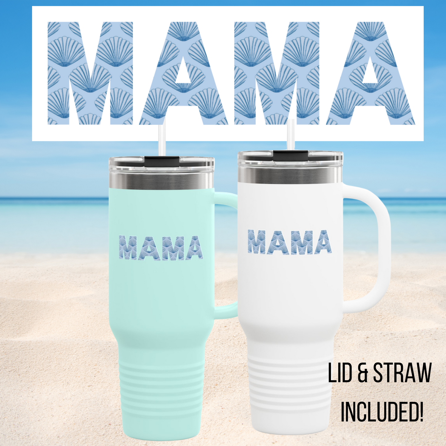Custom Mama Tumbler, 40oz | Summer Beach Edition - Blue Scallops