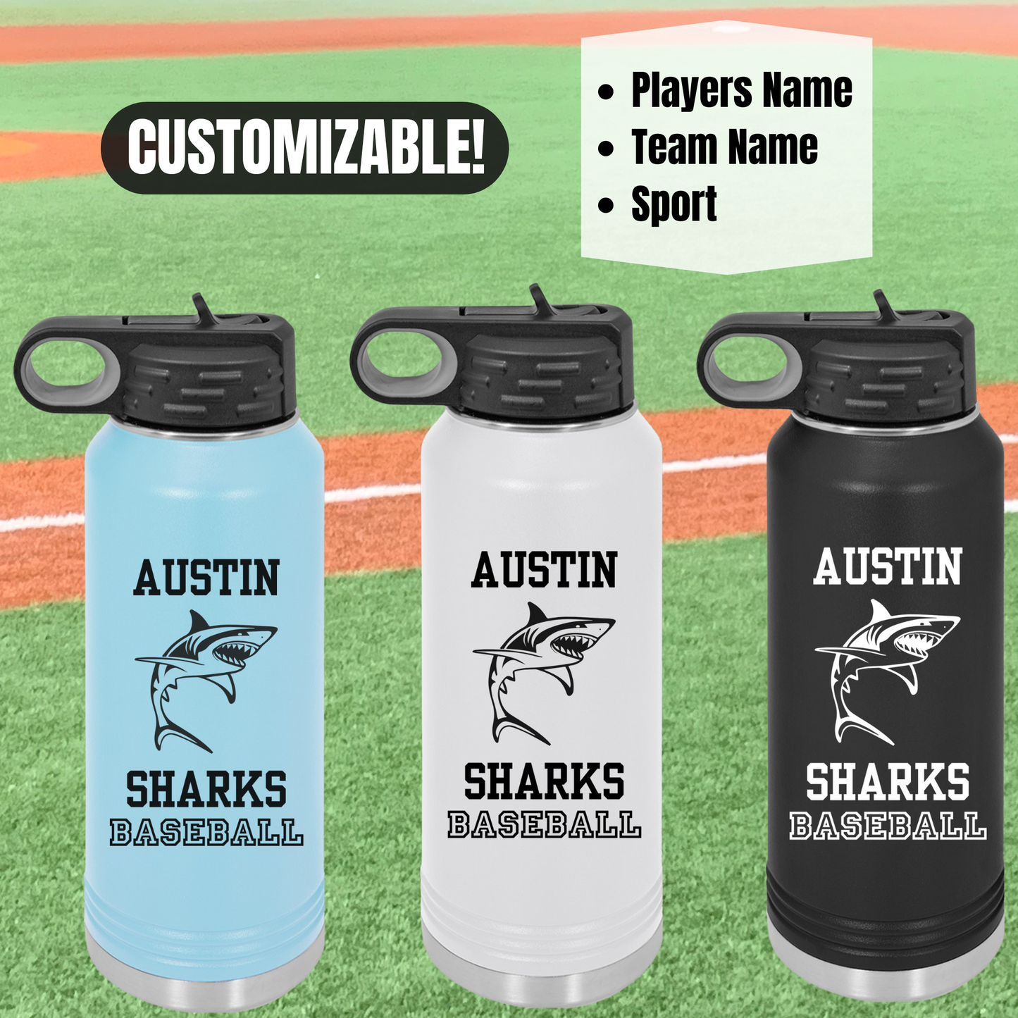 Personalized Sharks Water Bottle, 20oz Stainless Steel Tumbler for Youth Travel Team