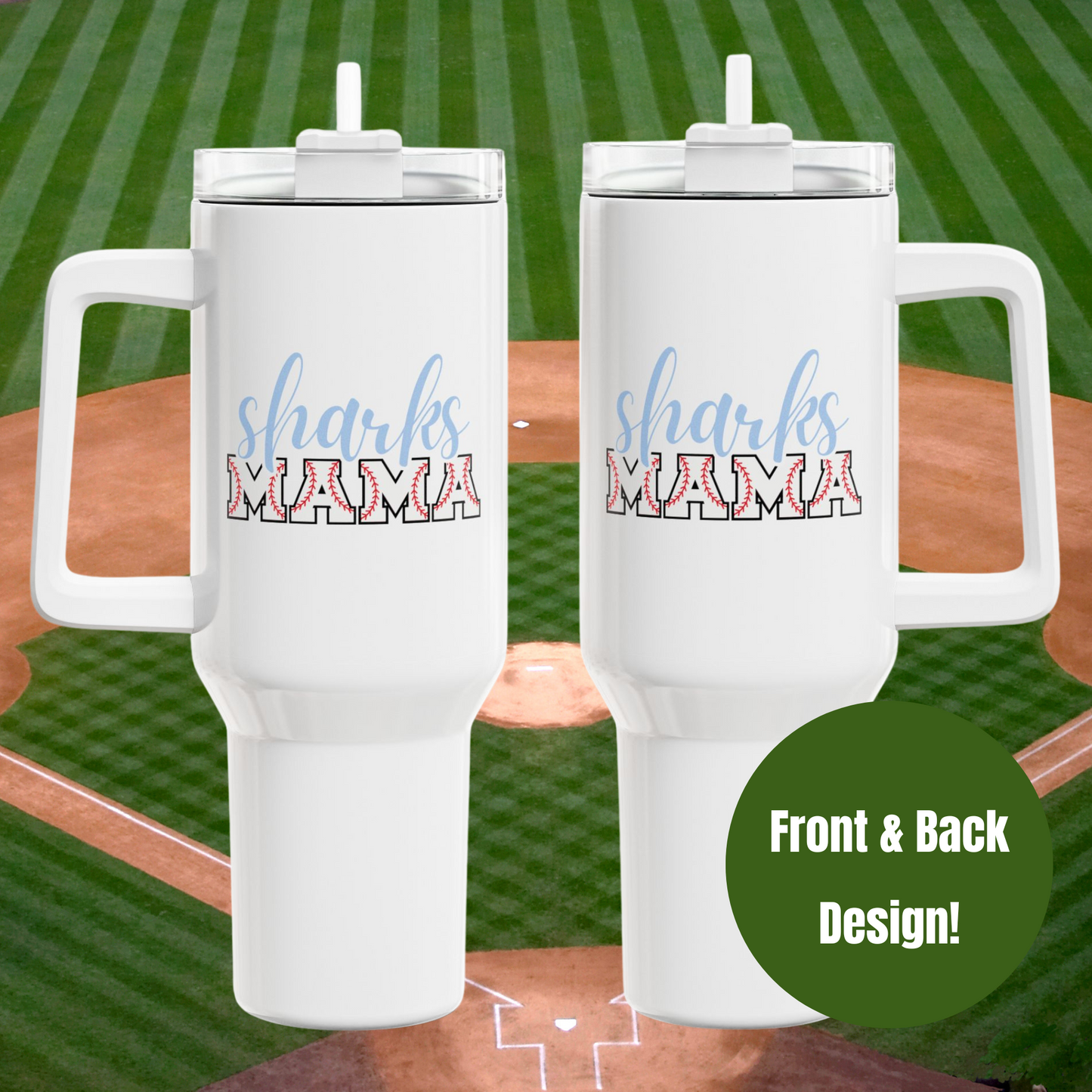 Personalizable Baseball Mom Beverage Tumbler, 40oz with Straw & Handle