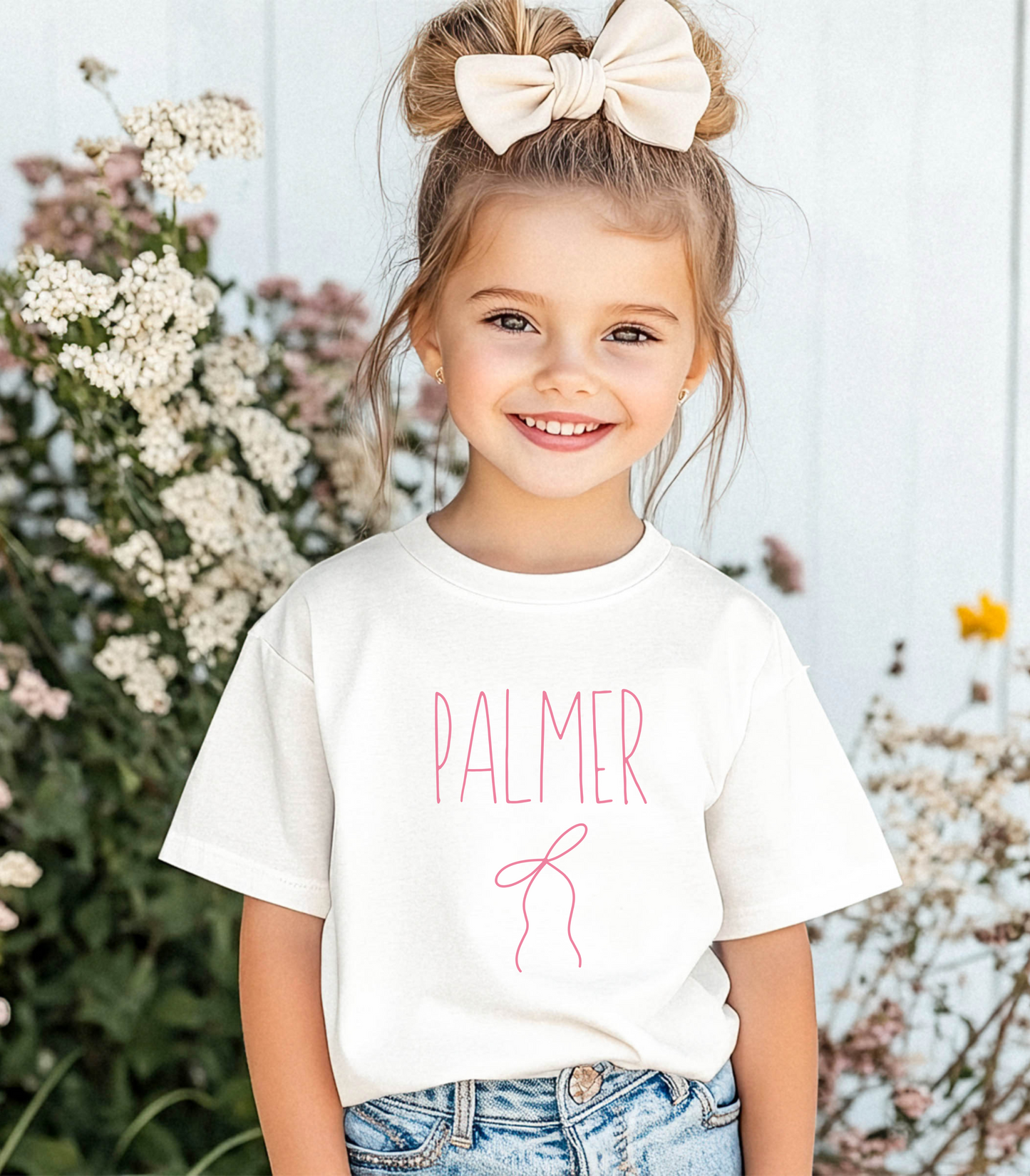 Personalized Girls Name Tee with Ribbon Bow - Coquette Youth Short Sleeve Tee