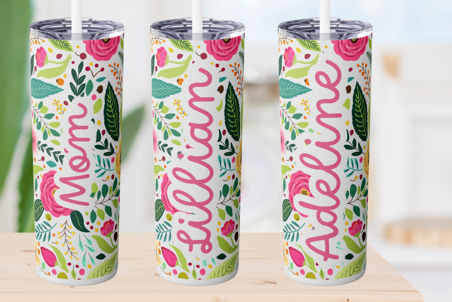 Personalized Floral Skinny Tumbler with Straw, 20oz, Custom Name Tumbler