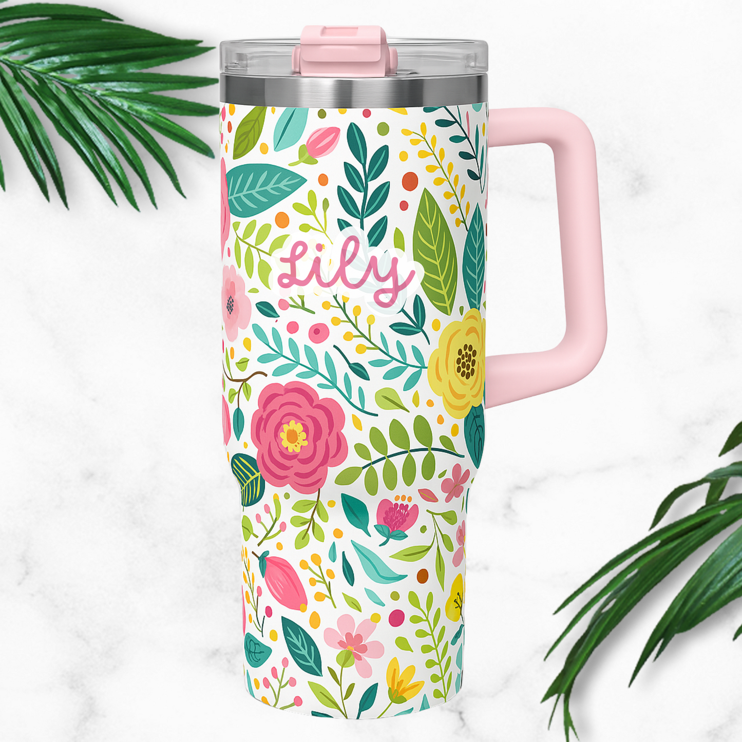 Personalized Floral Name Tumbler, Custom 40oz Drinkware