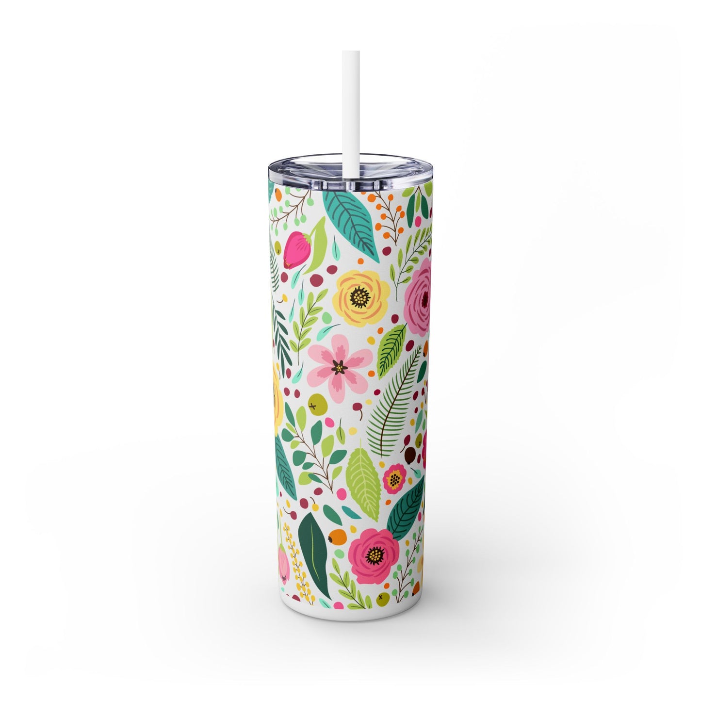 Personalized Floral Skinny Tumbler with Straw, 20oz, Custom Name Tumbler