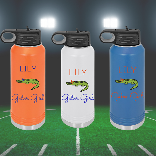 Personalized Gator Girl Name Water Bottle Tumbler, 20oz