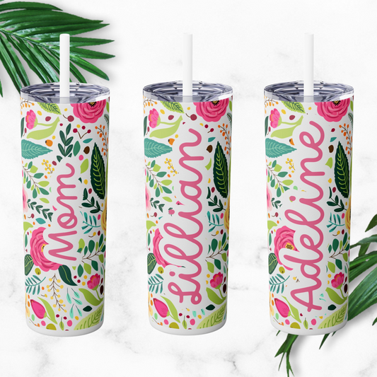 Personalized Floral Skinny Tumbler with Straw, 20oz, Custom Name Tumbler